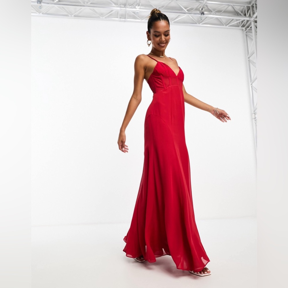 Asos Design Red Chiffon Paneled Corset Maxi Dress‎